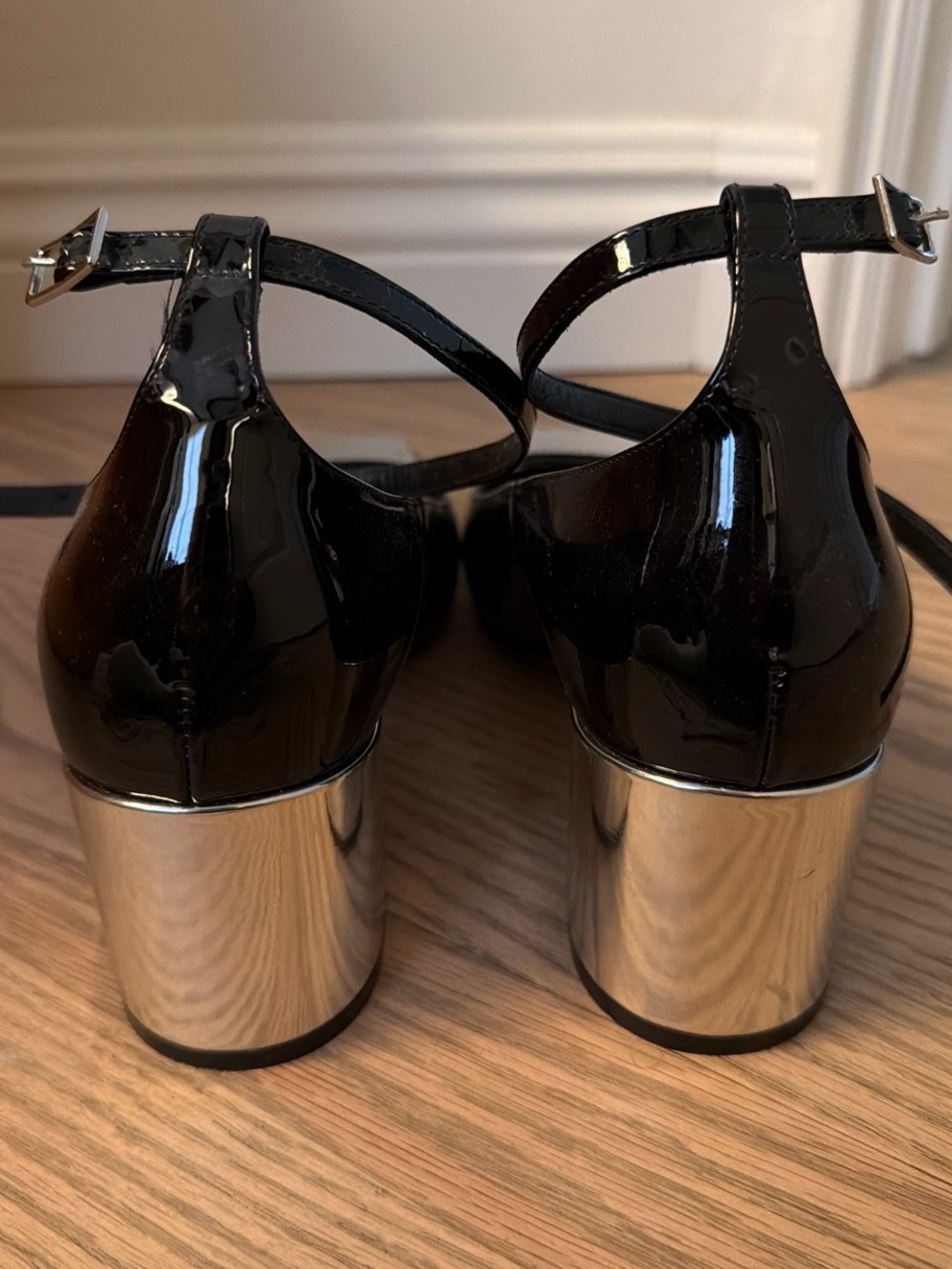 Dior Black Patent Leather Ankle-Strap Heels with Silver Plaque - Picture 4 of 5